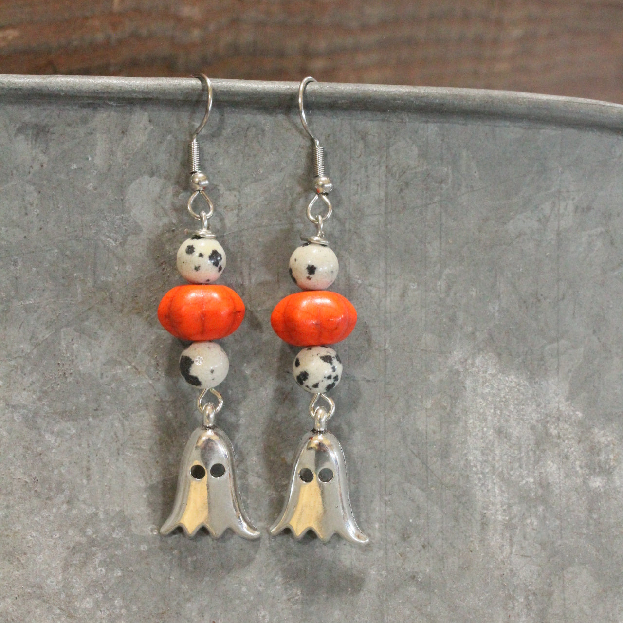 Silver Ghost & Pumpkin Dangle Earrings