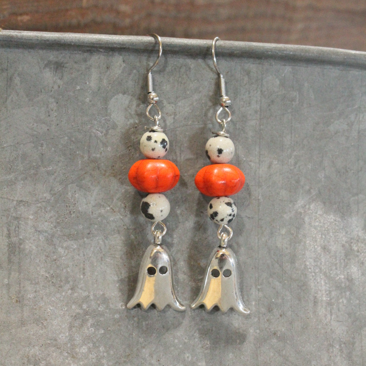 Silver Ghost & Pumpkin Dangle Earrings