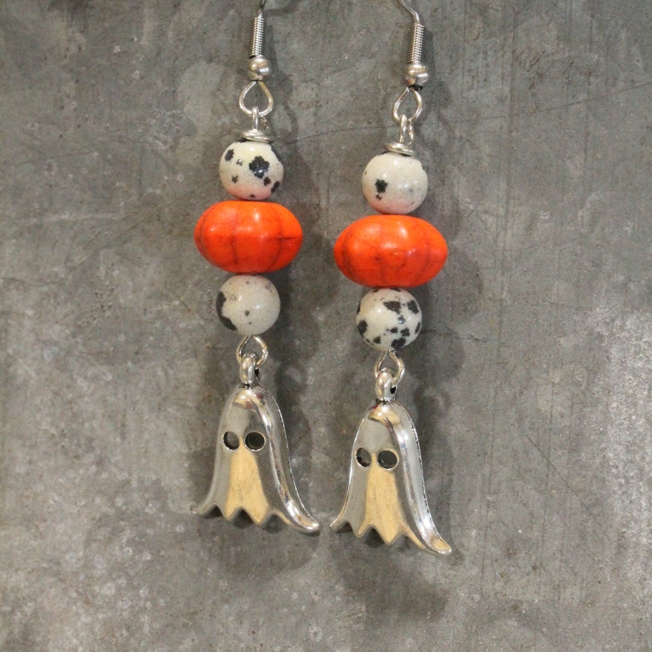 Silver Ghost & Pumpkin Dangle Earrings