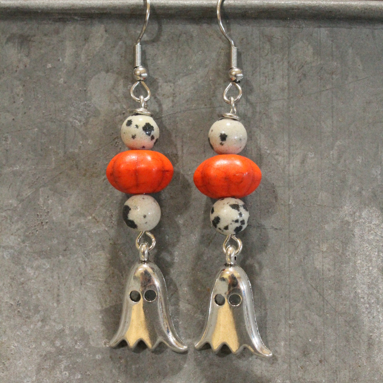 Silver Ghost & Pumpkin Dangle Earrings