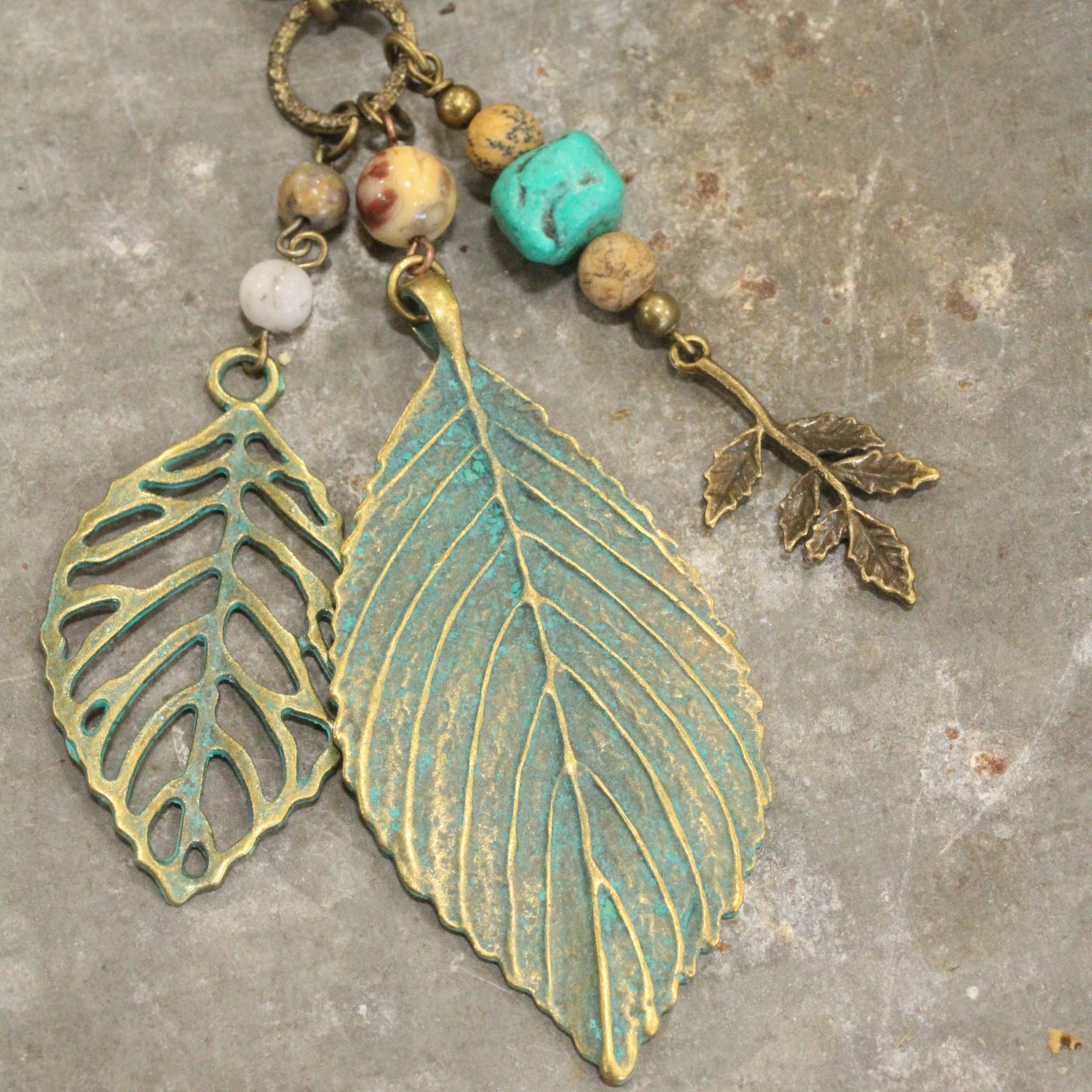 Fall Leaves & Natural Mixed Stones Dangle Necklace