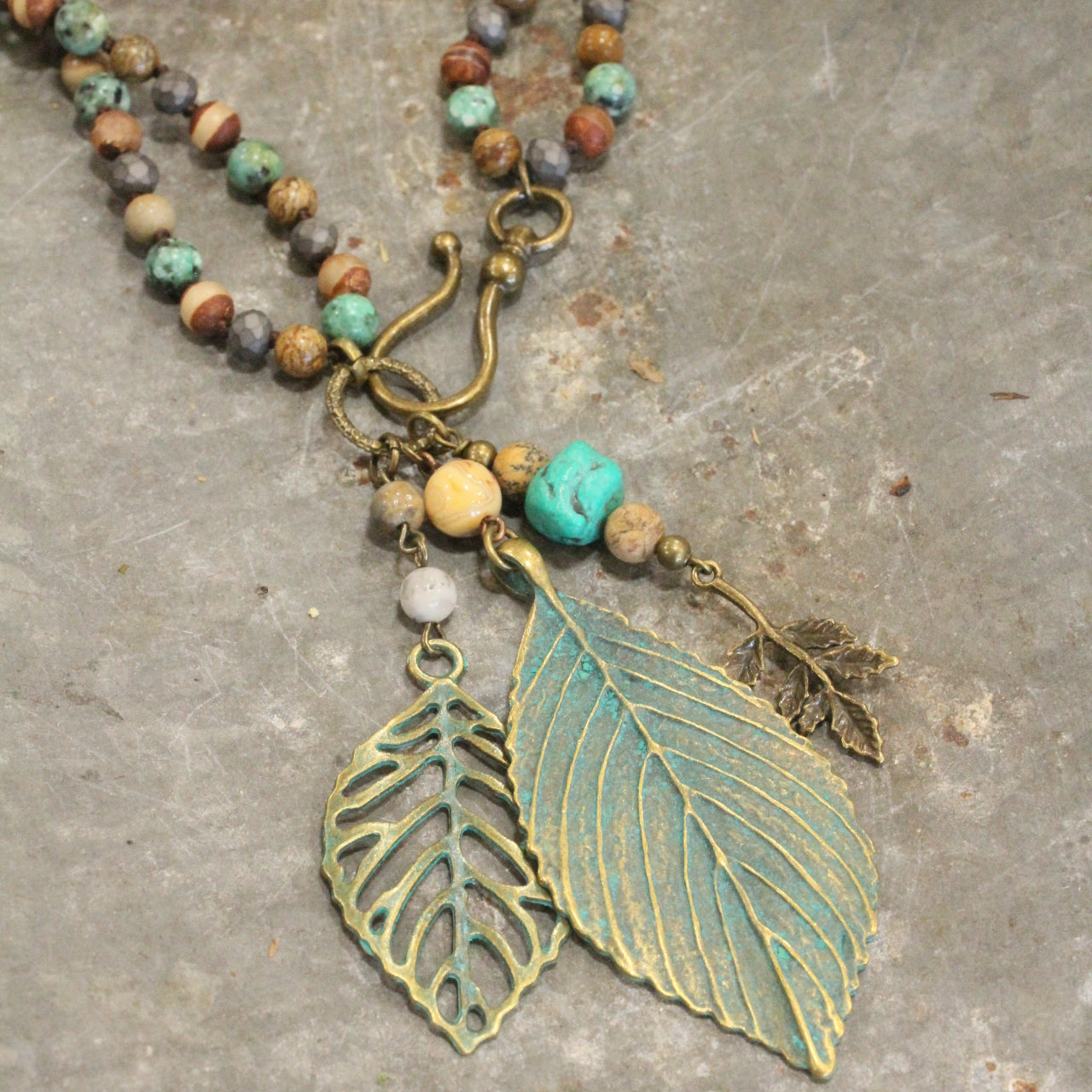 Fall Leaves & Natural Mixed Stones Dangle Necklace