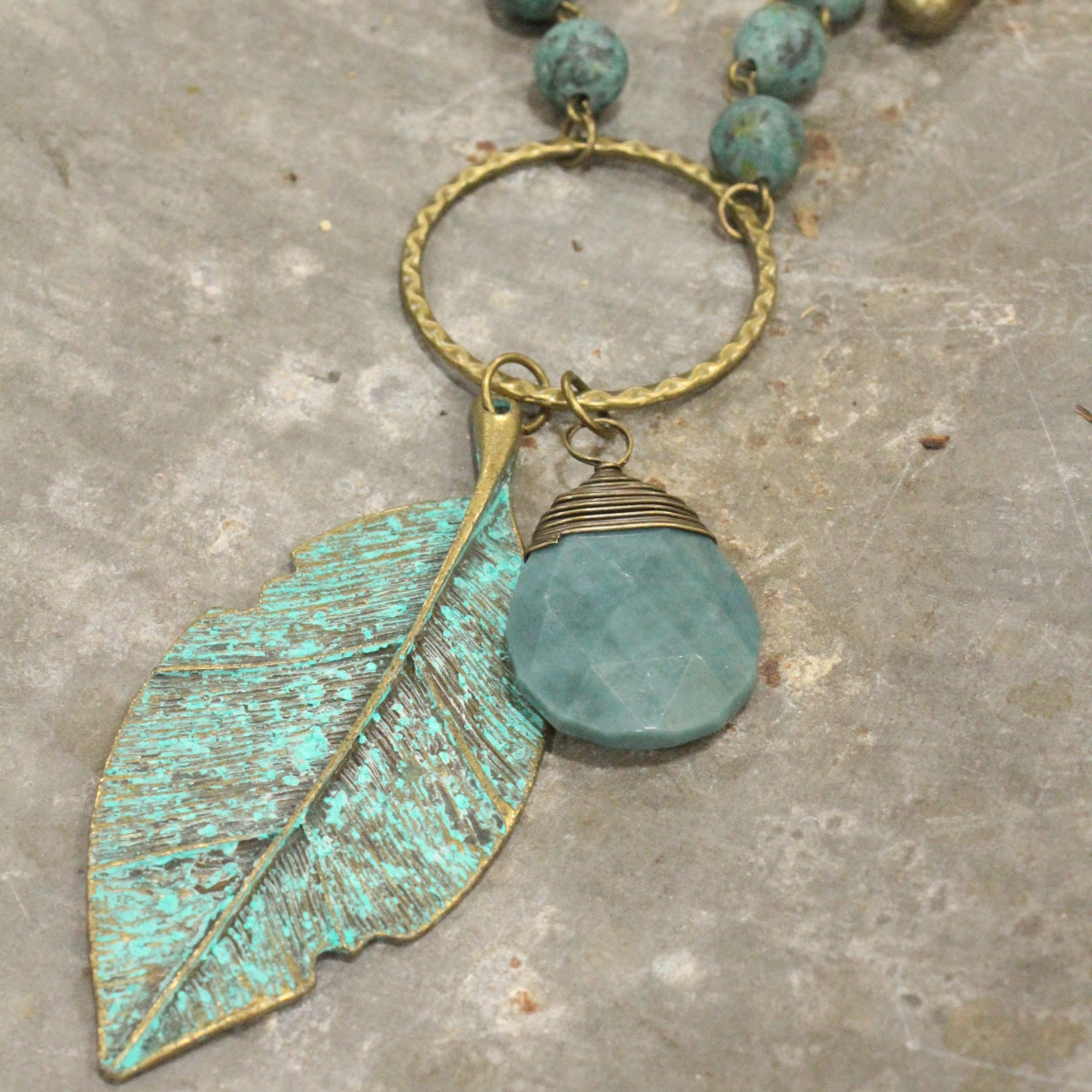 African Turquoise Beaded Rosary Leaf Drop Pendant Necklace