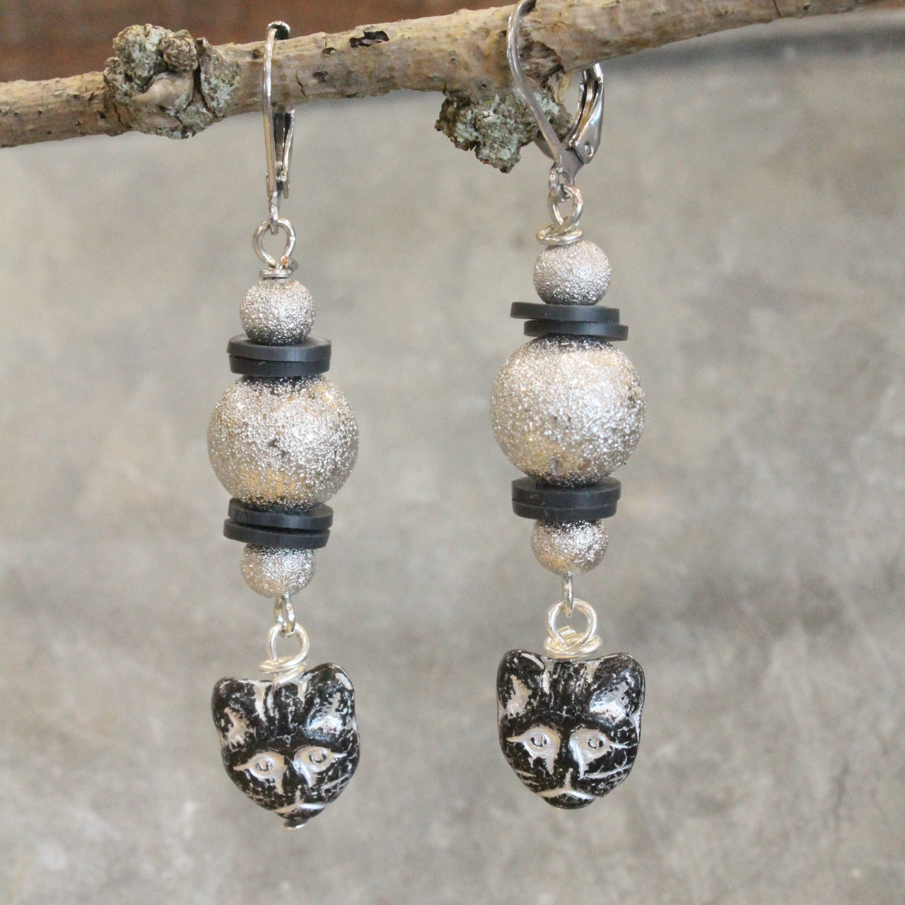 Czech Black Cat & Silver Bead Earrings