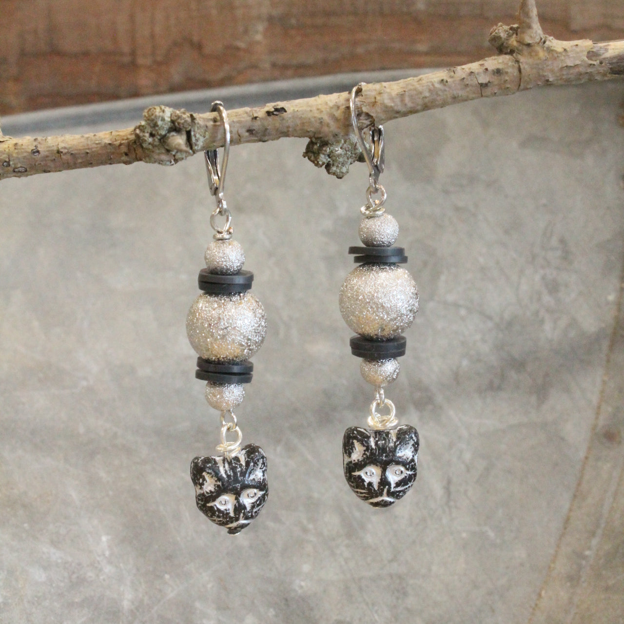 Czech Black Cat & Silver Bead Earrings