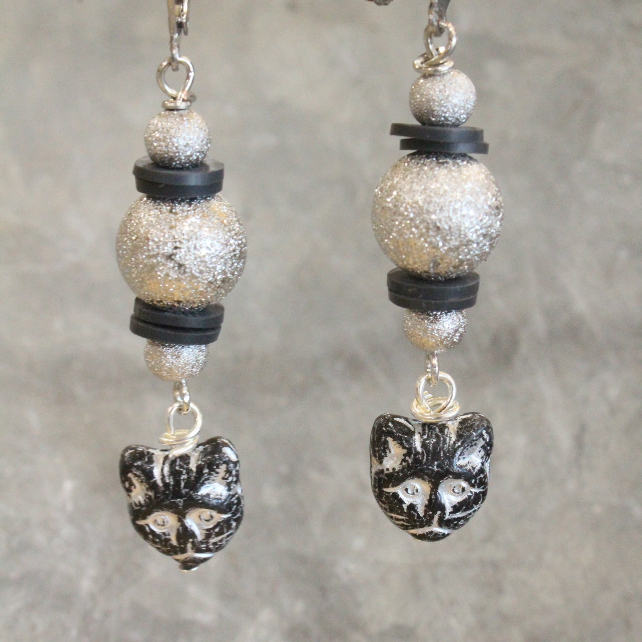 Czech Black Cat & Silver Bead Earrings