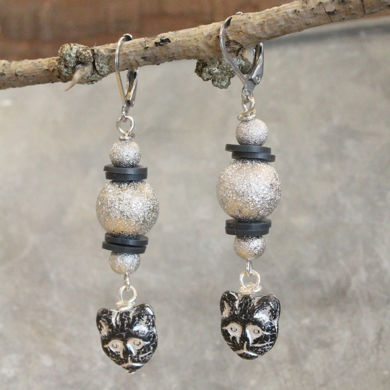 Czech Black Cat & Silver Bead Earrings