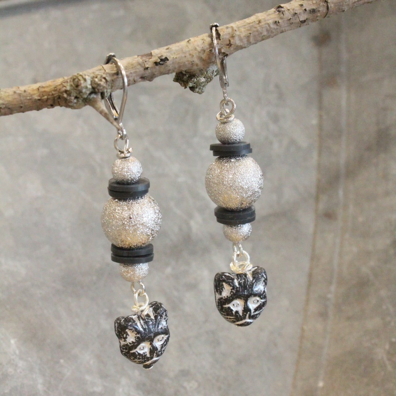 Czech Black Cat & Silver Bead Earrings