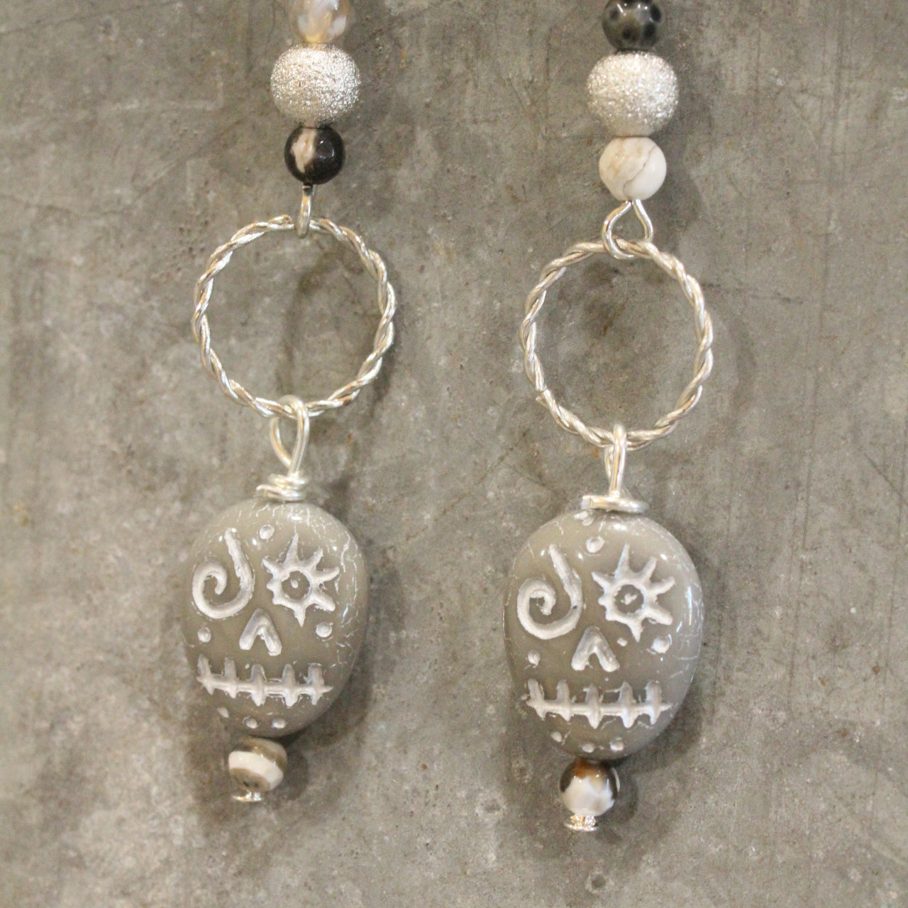 Czech Grey Skull Dangle Earrings