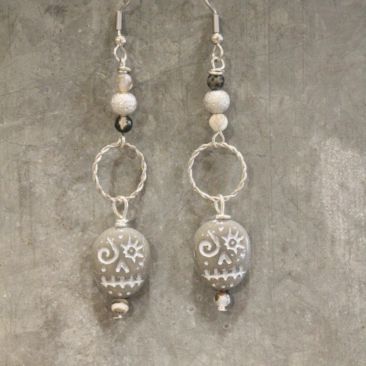 Czech Grey Skull Dangle Earrings