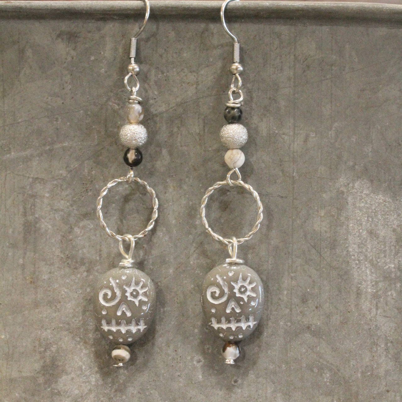 Czech Grey Skull Dangle Earrings