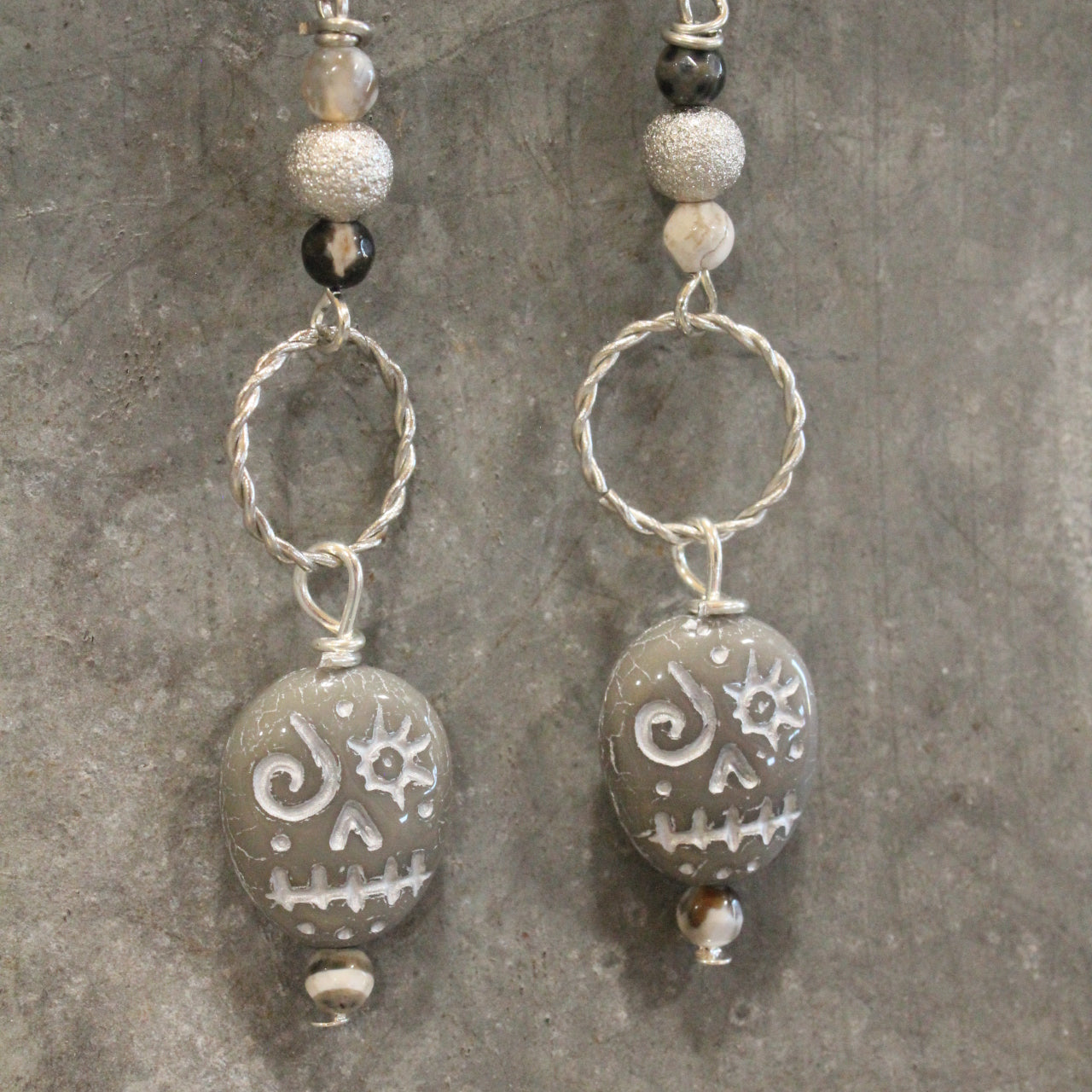 Czech Grey Skull Dangle Earrings