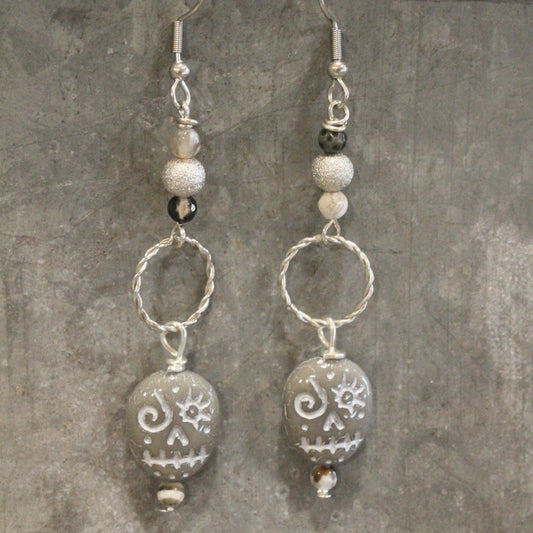 Czech Grey Skull Dangle Earrings