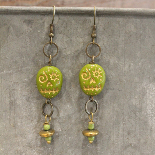 Czech Lime Green Skull Dangle Earrings