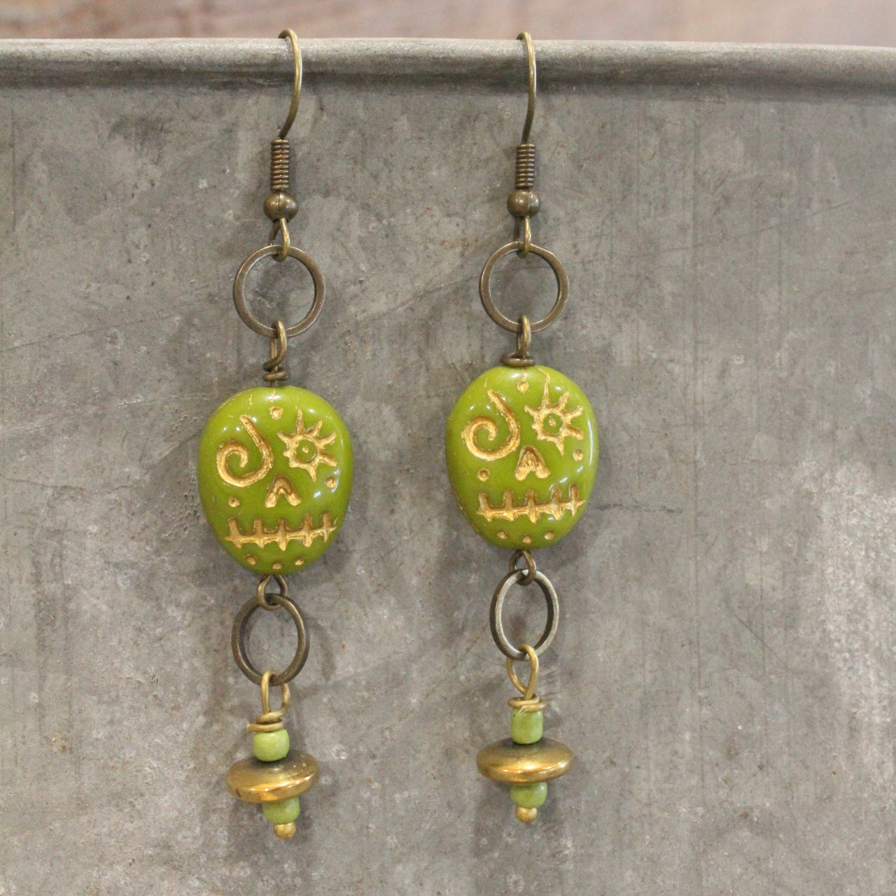 Czech Lime Green Skull Dangle Earrings