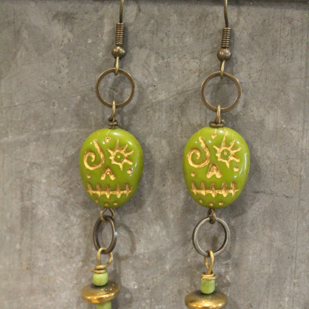 Czech Lime Green Skull Dangle Earrings