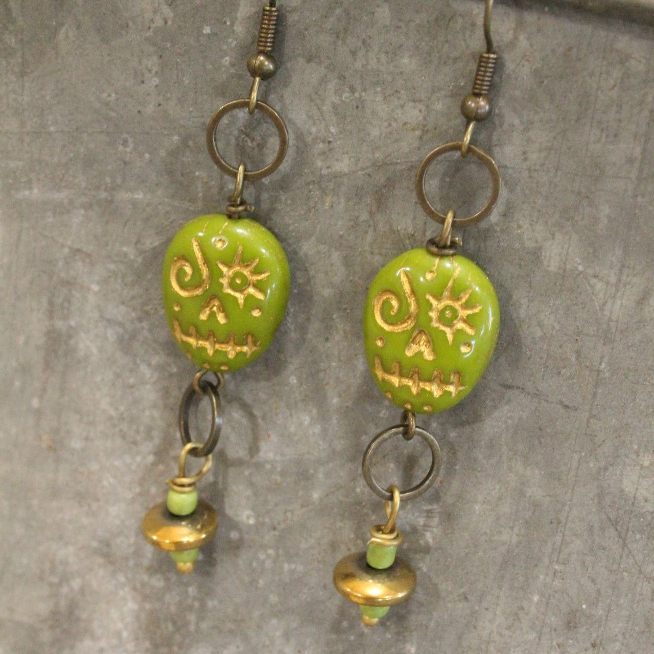 Czech Lime Green Skull Dangle Earrings