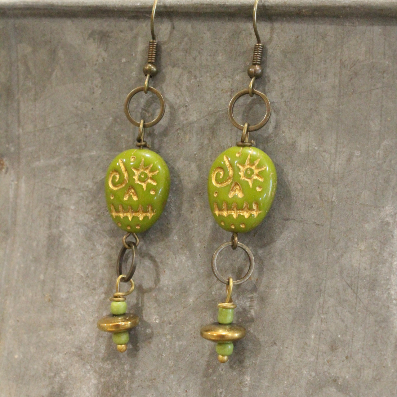 Czech Lime Green Skull Dangle Earrings