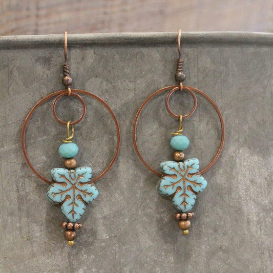 Czech Turquoise Fall Leaves & Hoop Earrings