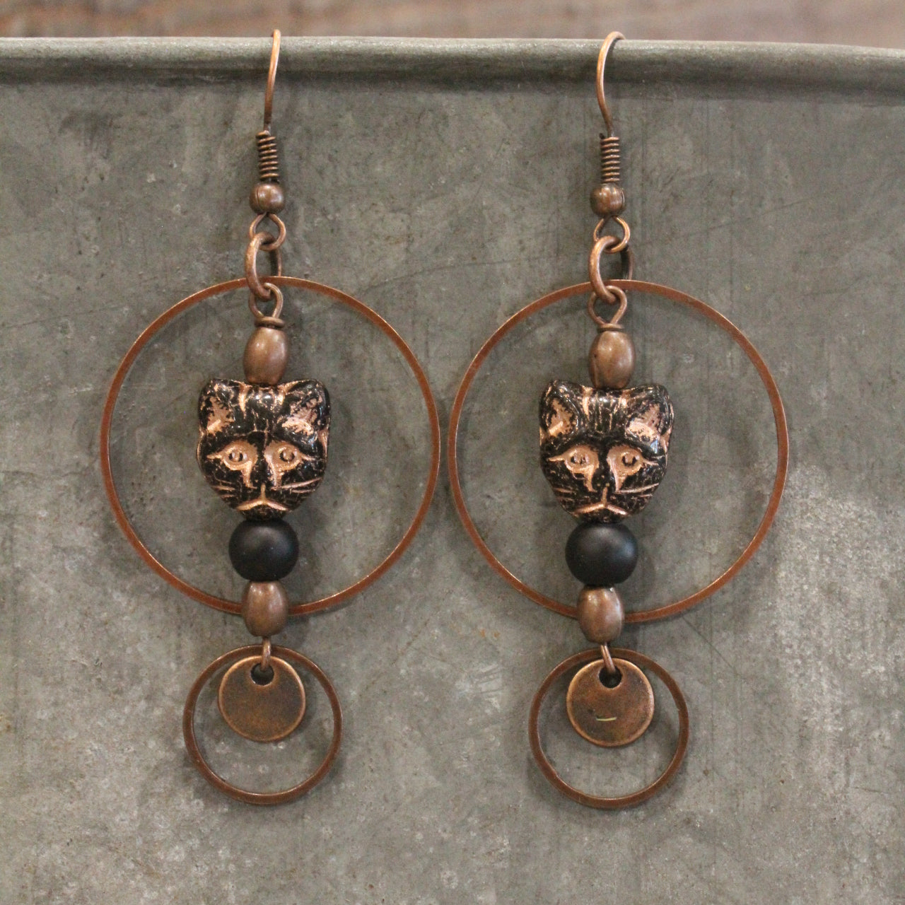 Czech Black Cat & Copper Hoop Earrings