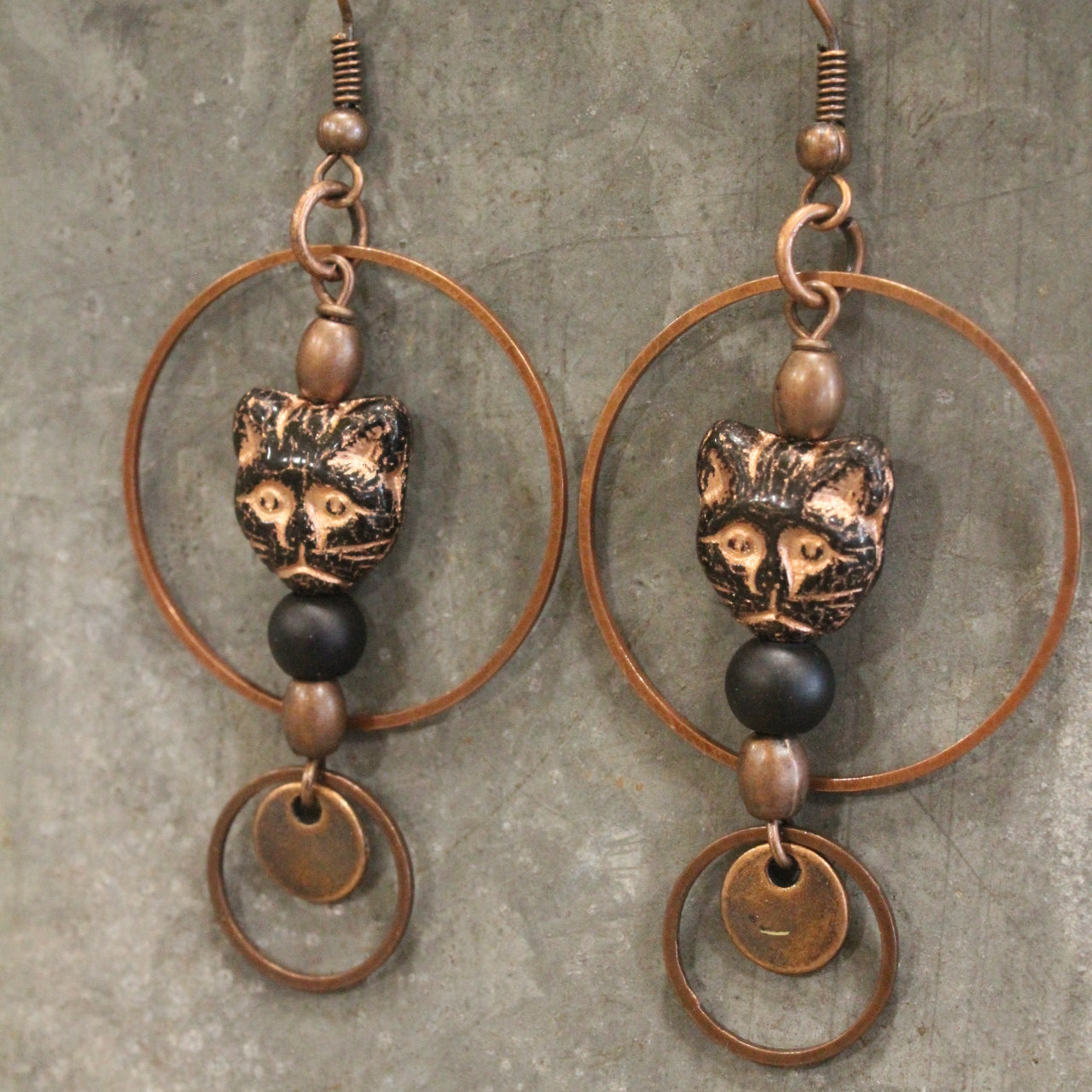 Czech Black Cat & Copper Hoop Earrings