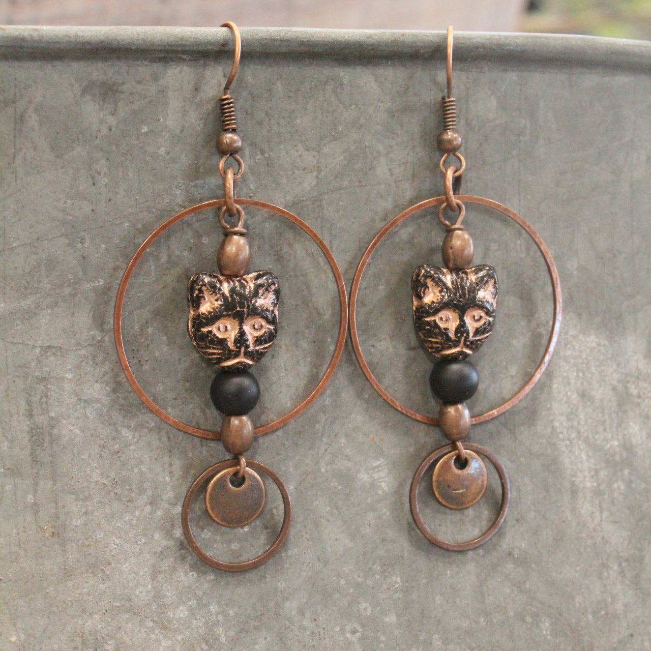 Czech Black Cat & Copper Hoop Earrings