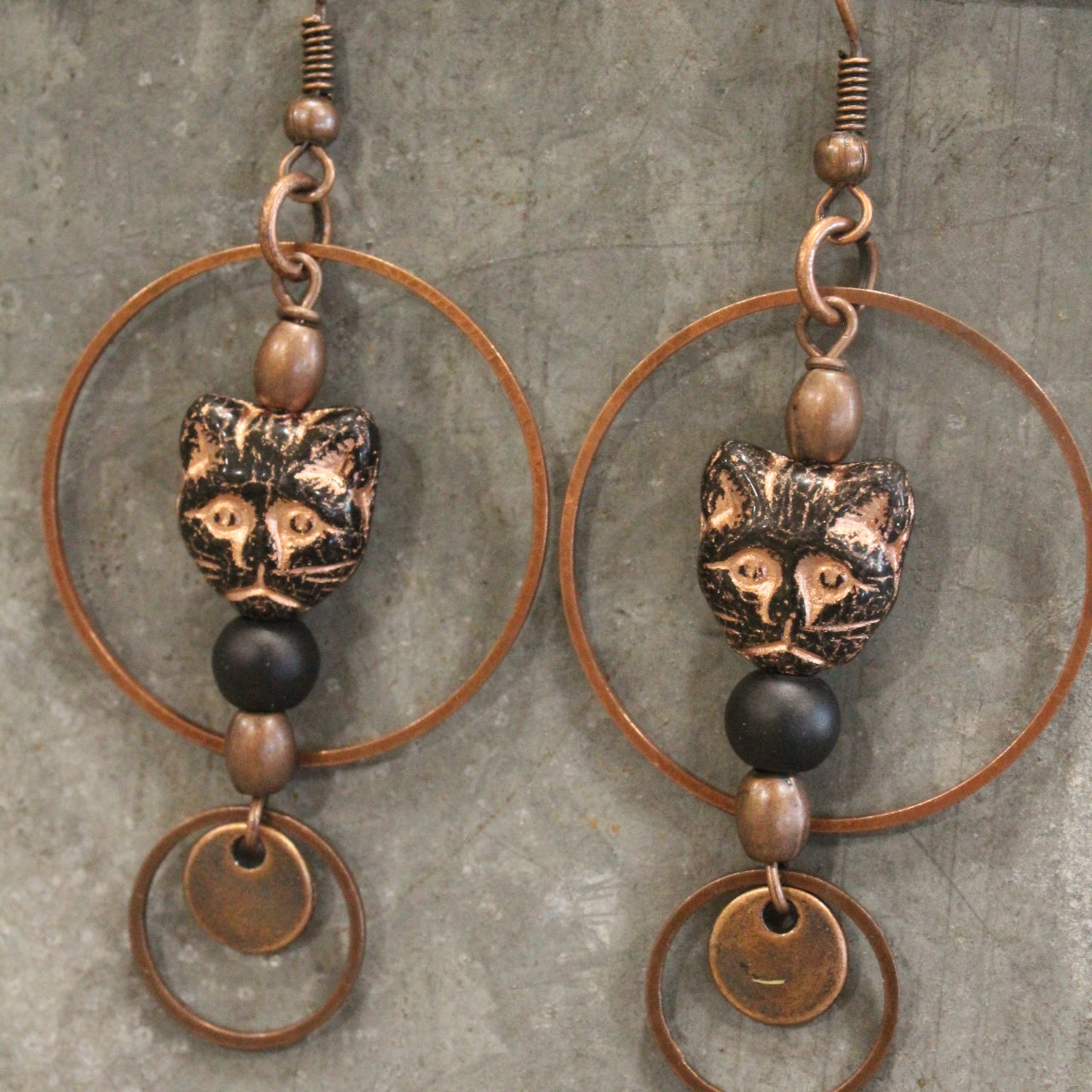 Czech Black Cat & Copper Hoop Earrings