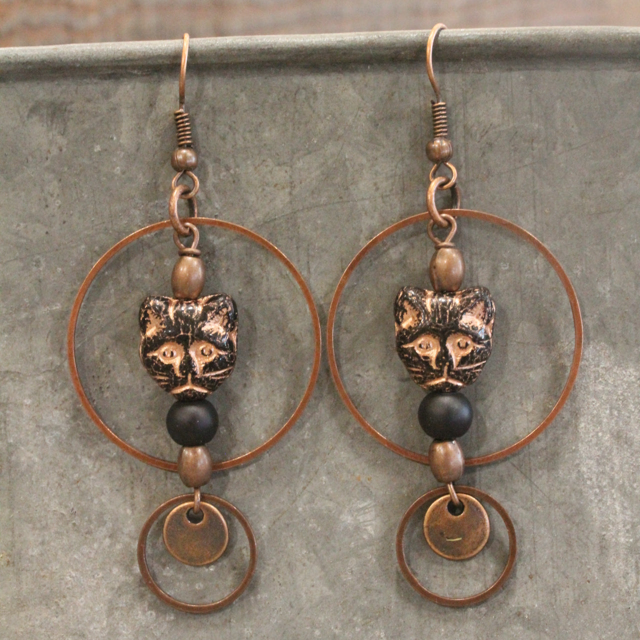 Czech Black Cat & Copper Hoop Earrings