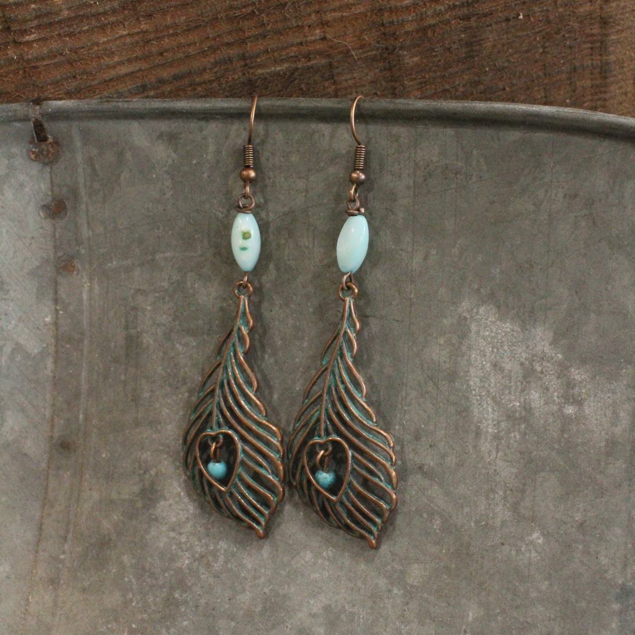 Bronze Verdigris Feather With Turquoise Beads Dangle Earrings