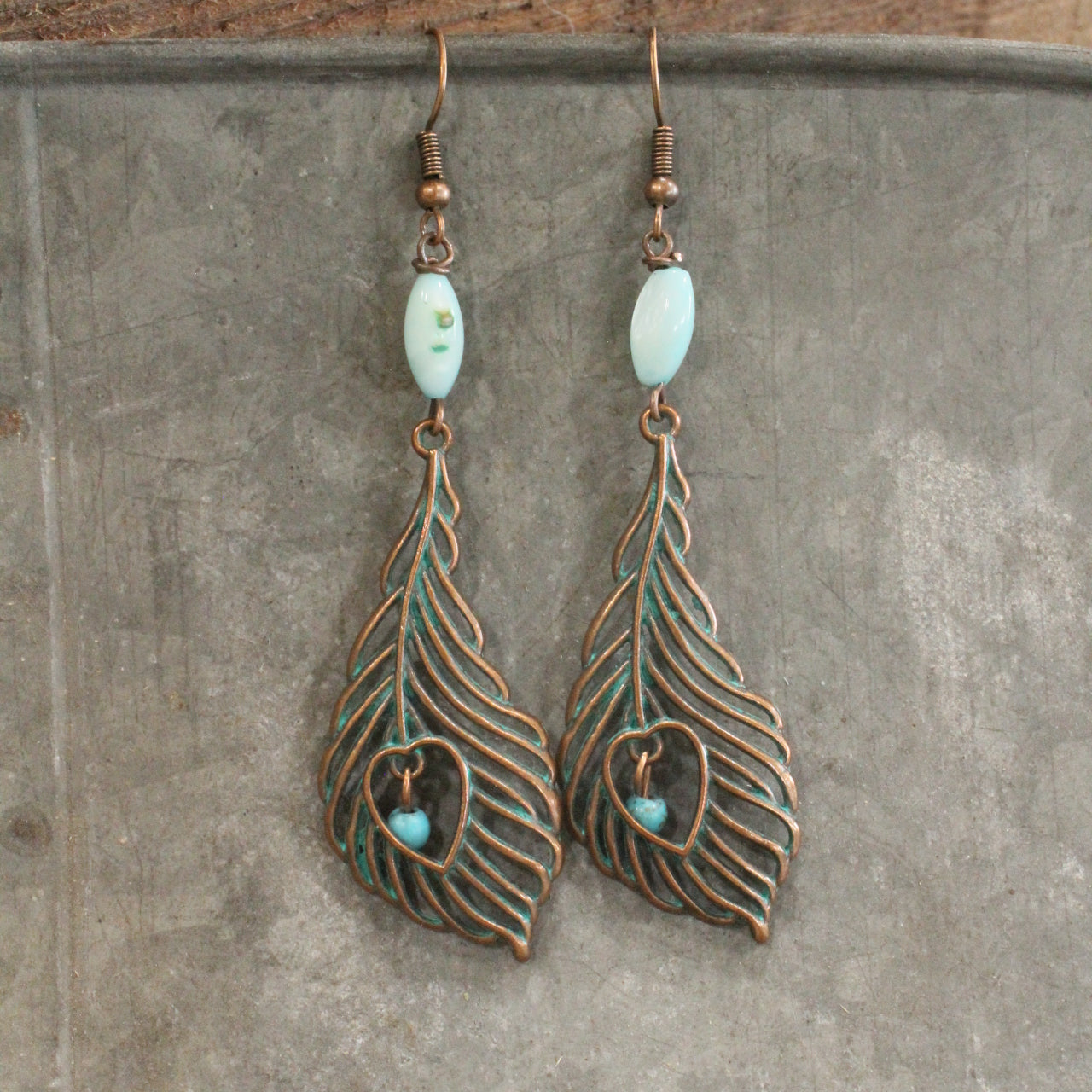 Bronze Verdigris Feather With Turquoise Beads Dangle Earrings