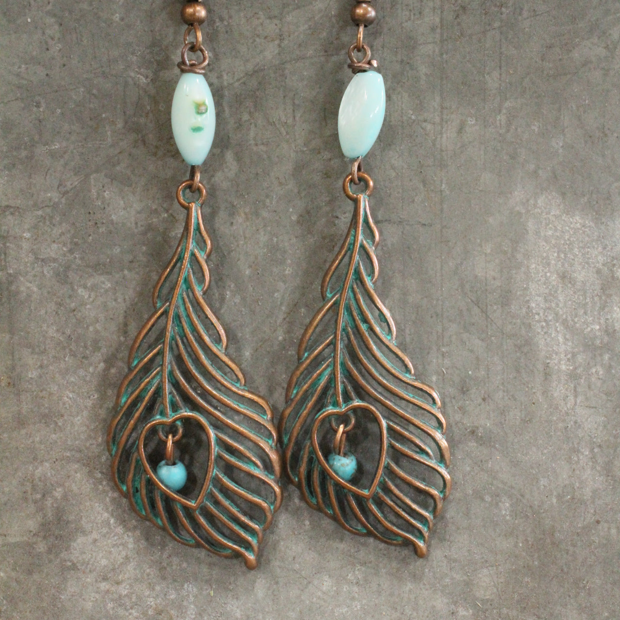 Bronze Verdigris Feather With Turquoise Beads Dangle Earrings