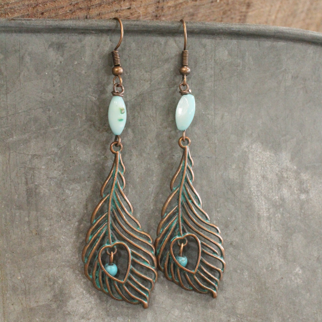 Bronze Verdigris Feather With Turquoise Beads Dangle Earrings