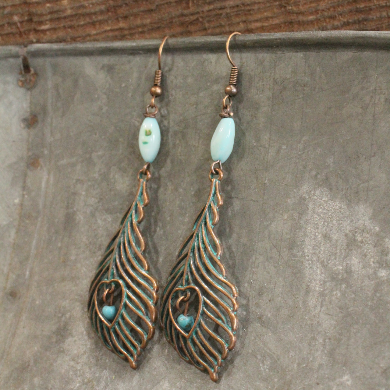 Bronze Verdigris Feather With Turquoise Beads Dangle Earrings