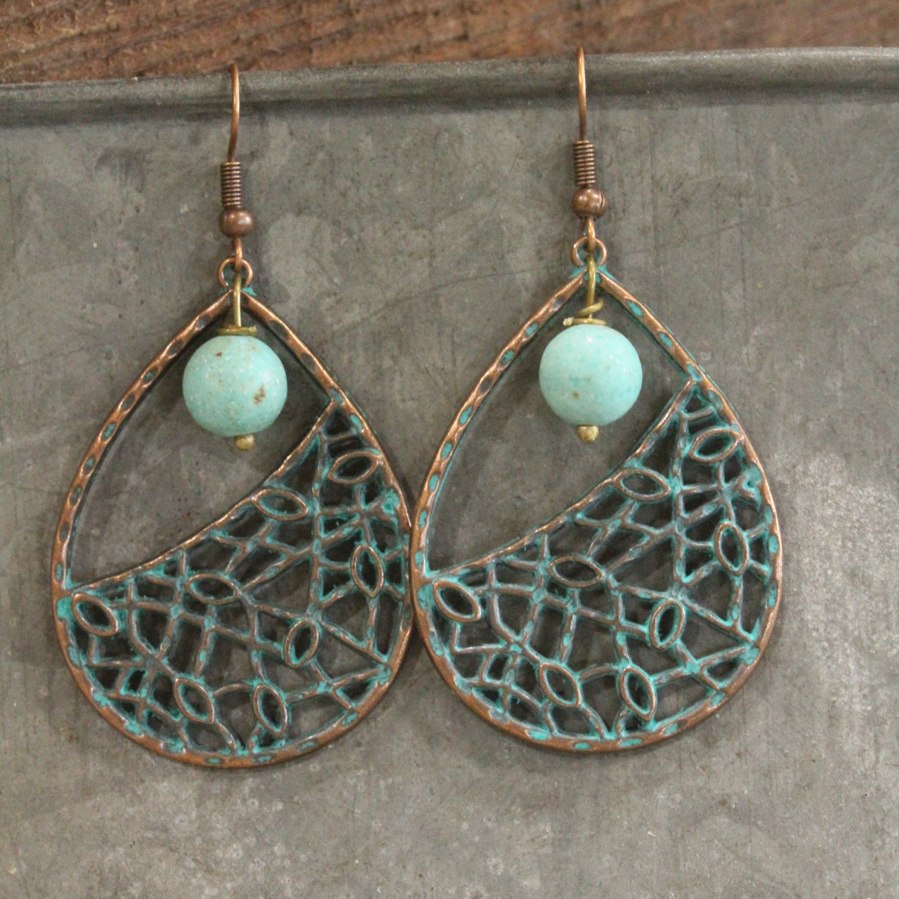 Geo Teardrop Verdigris Dangle Earrings