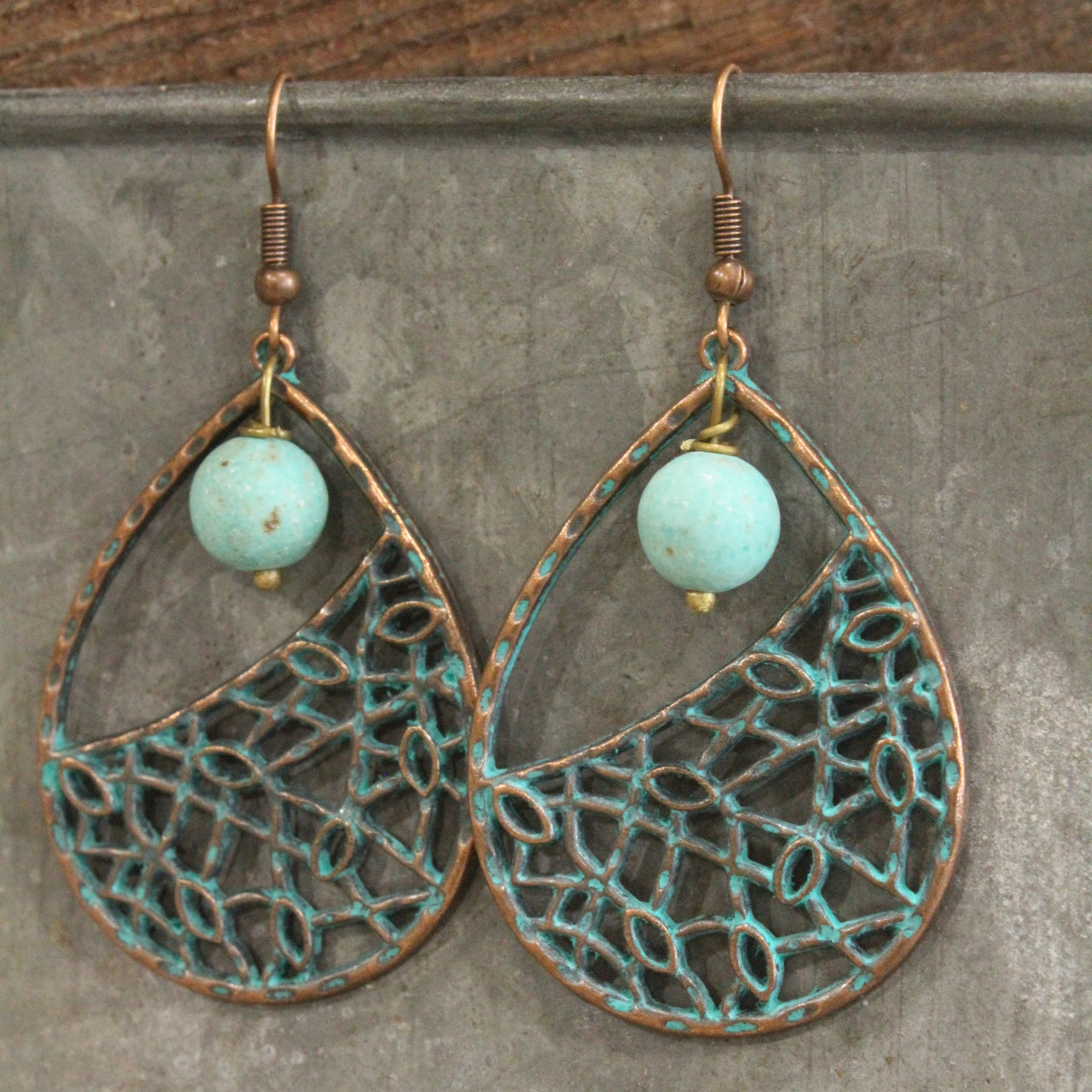 Geo Teardrop Verdigris Dangle Earrings