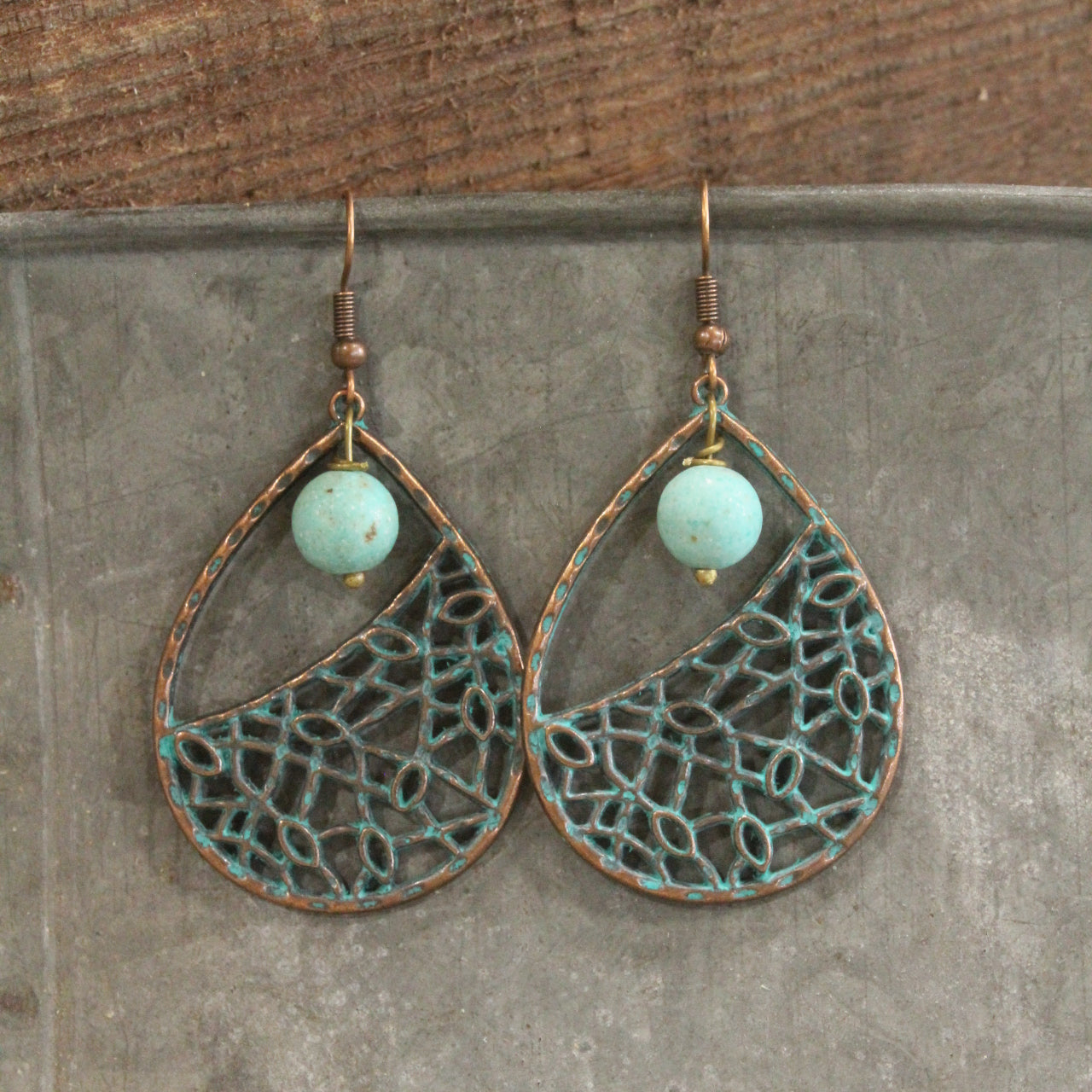 Geo Teardrop Verdigris Dangle Earrings