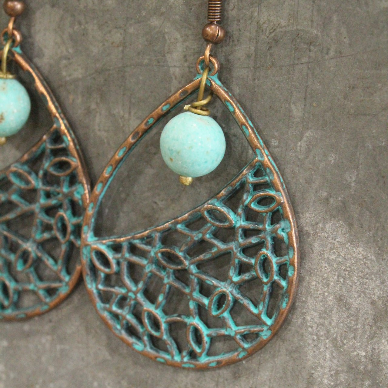 Geo Teardrop Verdigris Dangle Earrings