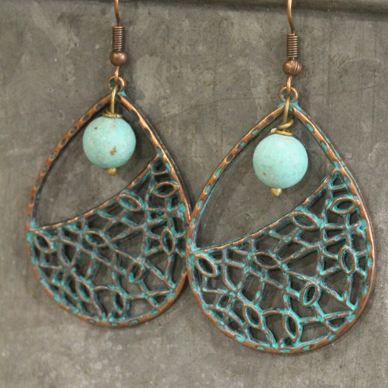 Geo Teardrop Verdigris Dangle Earrings