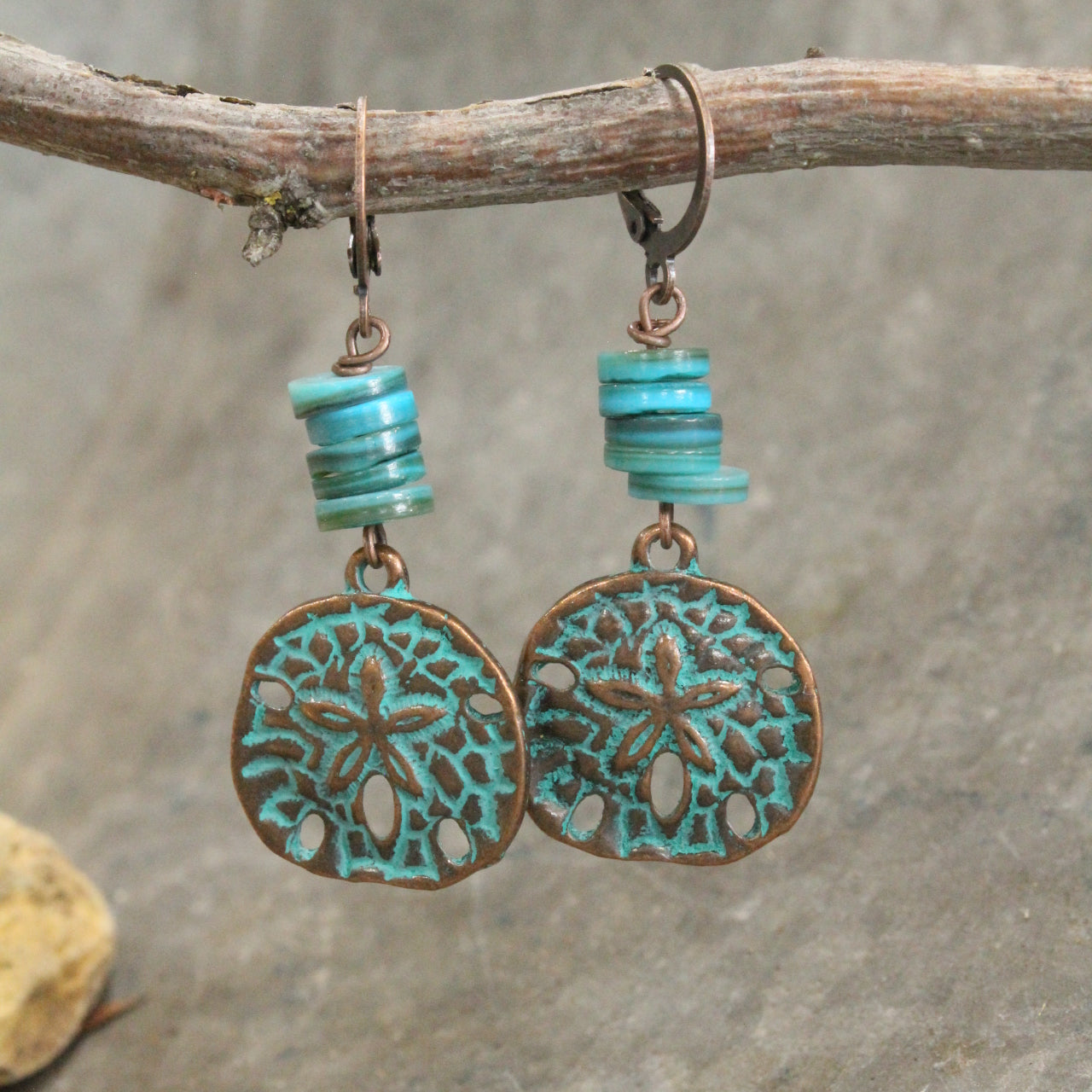 Copper Verdigris Sand Dollar & Turquoise Rondelle Flat Beaded Earrings