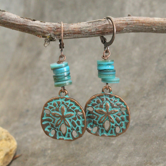 Copper Verdigris Sand Dollar & Turquoise Rondelle Flat Beaded Earrings