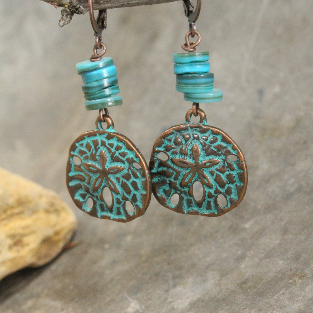 Copper Verdigris Sand Dollar & Turquoise Rondelle Flat Beaded Earrings