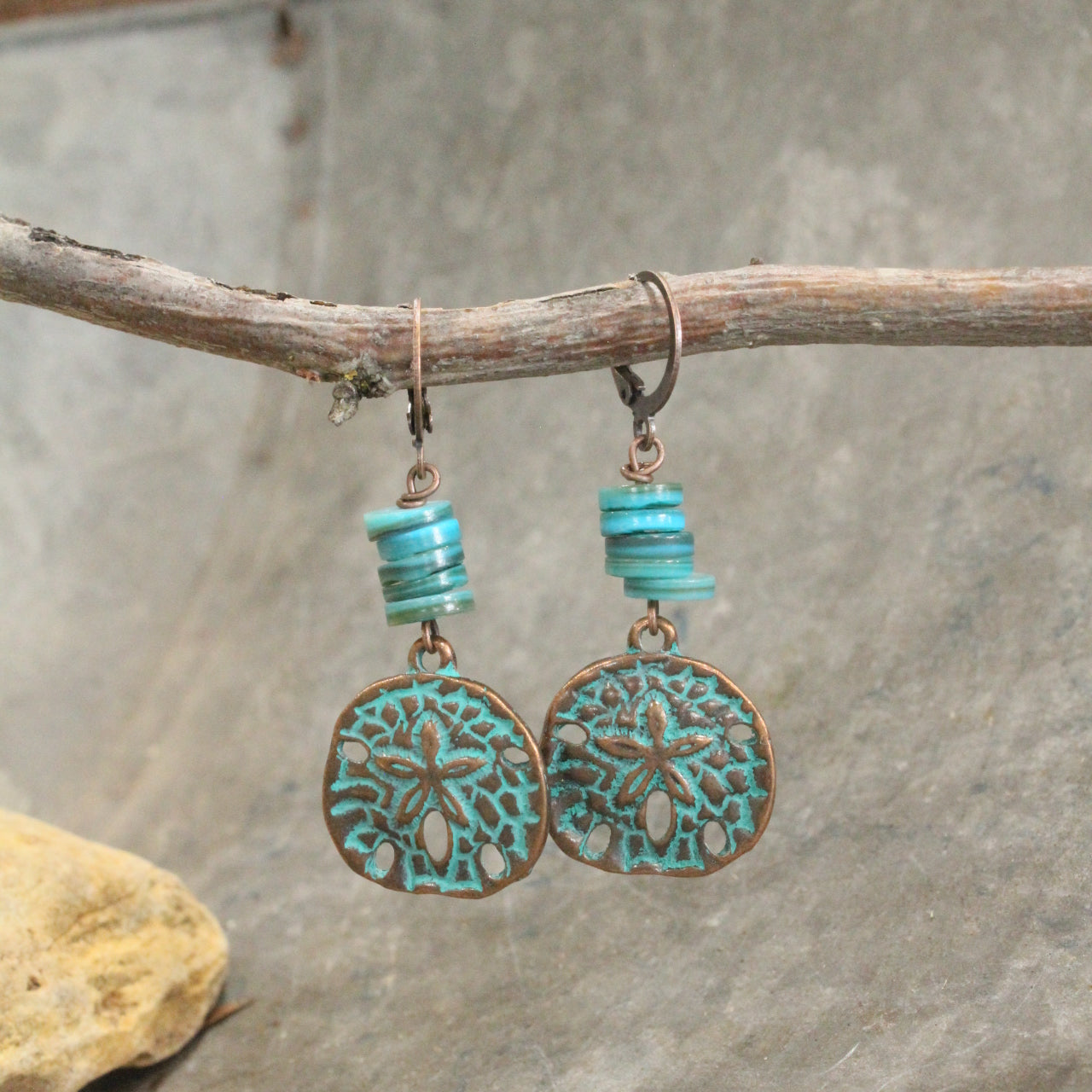 Copper Verdigris Sand Dollar & Turquoise Rondelle Flat Beaded Earrings