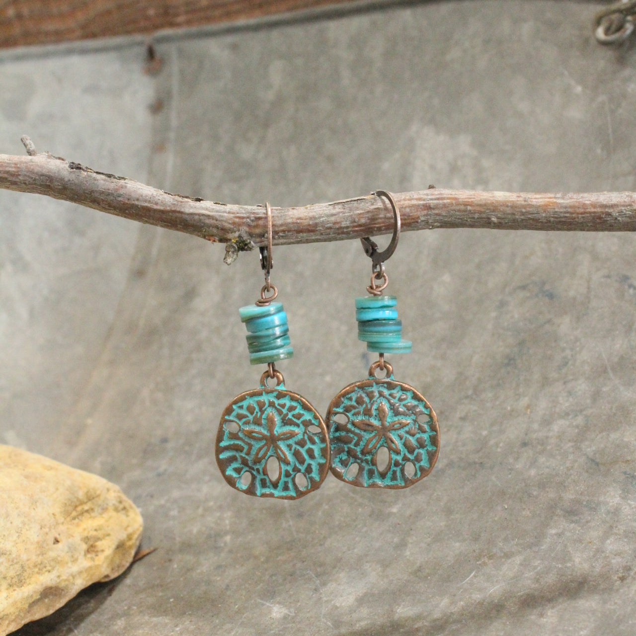 Copper Verdigris Sand Dollar & Turquoise Rondelle Flat Beaded Earrings