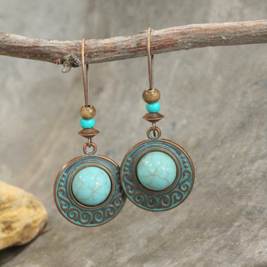 Copper Verdigris & Turquoise Round Dangle Drop Earrings