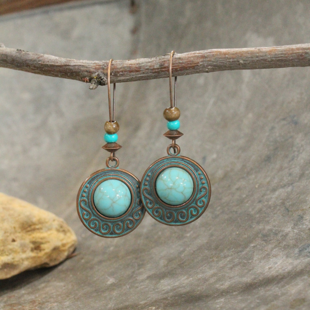 Copper Verdigris & Turquoise Round Dangle Drop Earrings