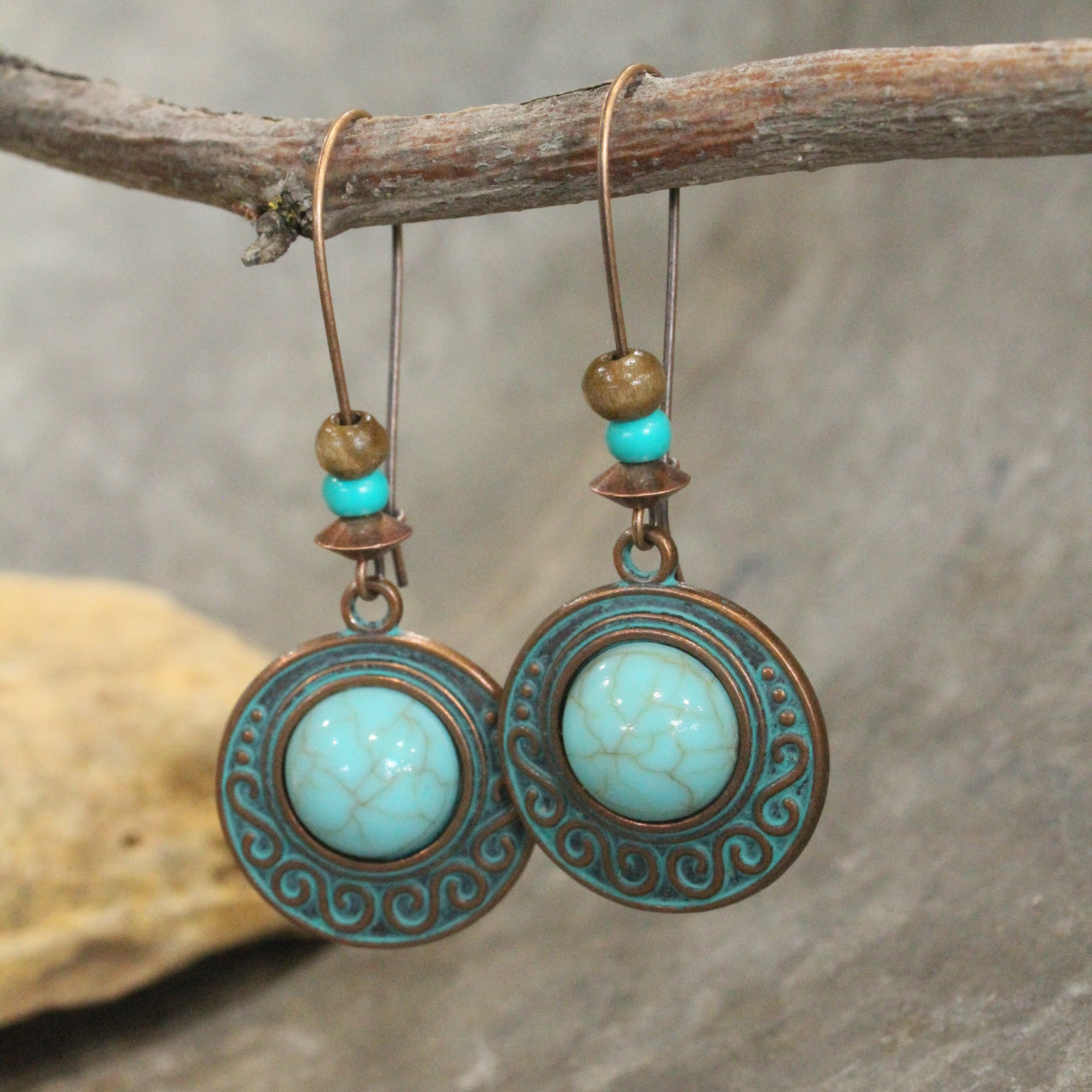 Copper Verdigris & Turquoise Round Dangle Drop Earrings