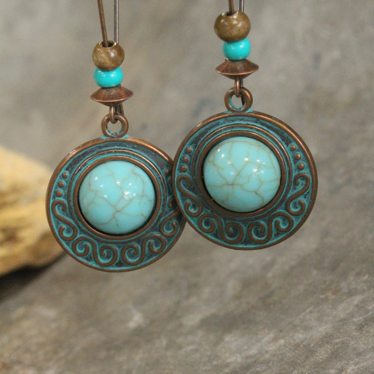 Copper Verdigris & Turquoise Round Dangle Drop Earrings