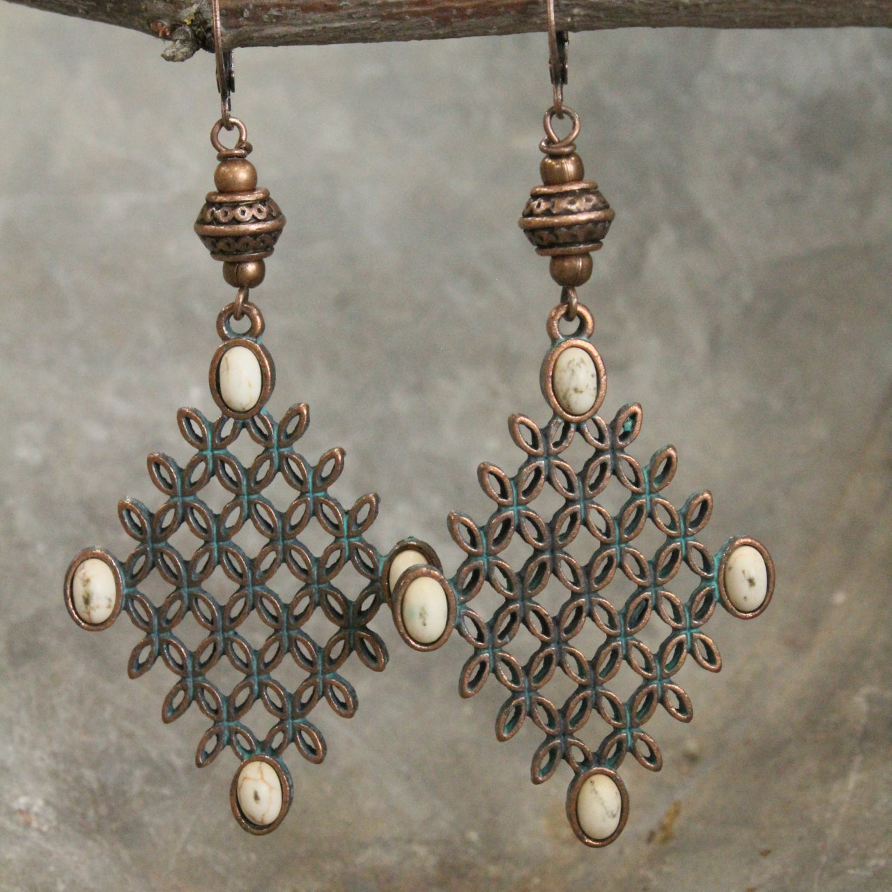 Copper Verdigris White Turquoise Dangle Earrings