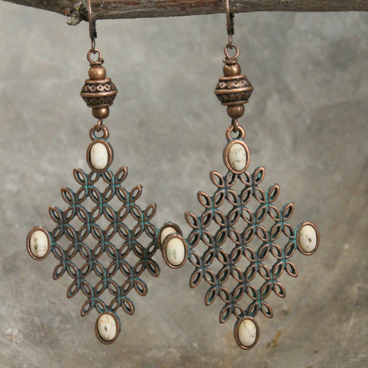 Copper Verdigris White Turquoise Dangle Earrings