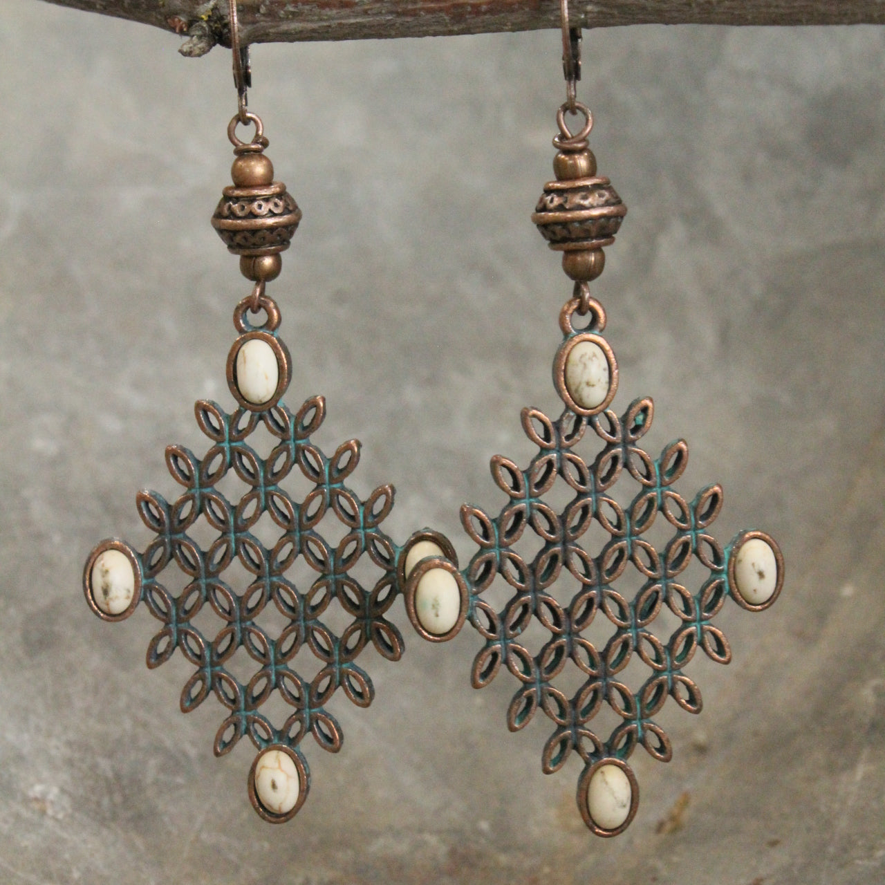 Copper Verdigris White Turquoise Dangle Earrings